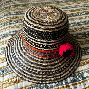 Striped Straw Hat with Pom Pom